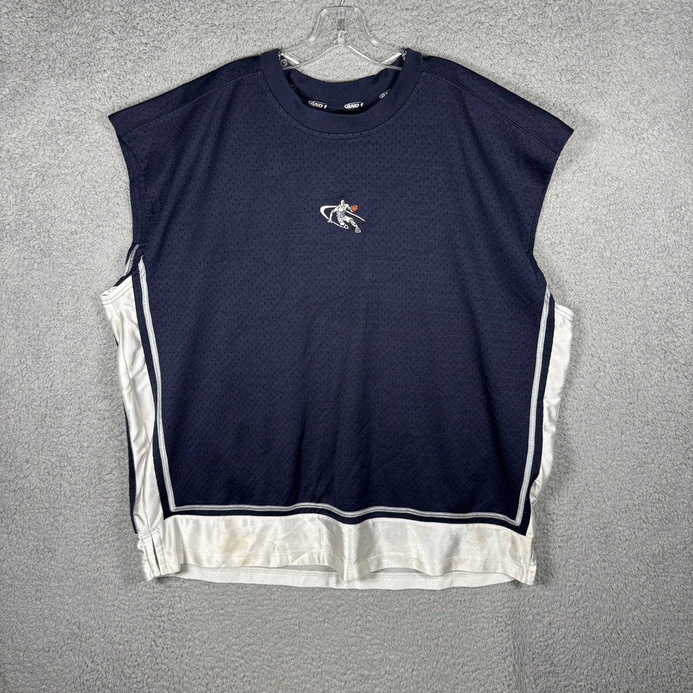 AND1 Mens XXL Navy Blue White Mesh Basketball Jersey Sleeveless Shirt Vintage